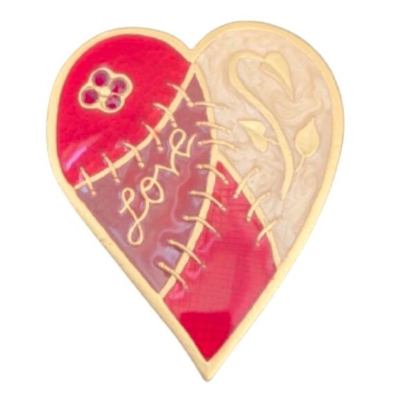 Vintage 1980s Stitched Heart Lapel Pin - Enamel Love Brooch - Picture 1 of 9